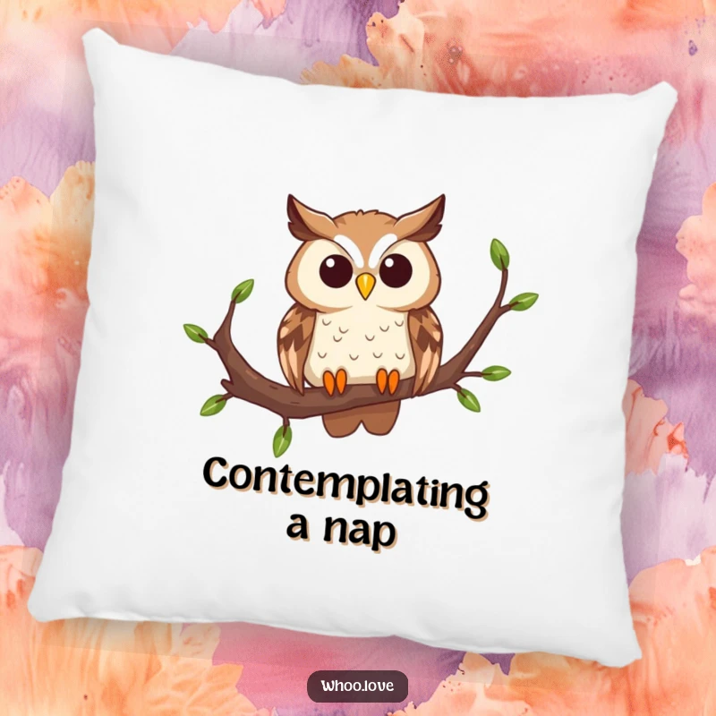 Funny curious owl pillow, showing an owl with a tilted head on a branch, adding soft comfort and a whimsical, inquisitive vibe to any room.