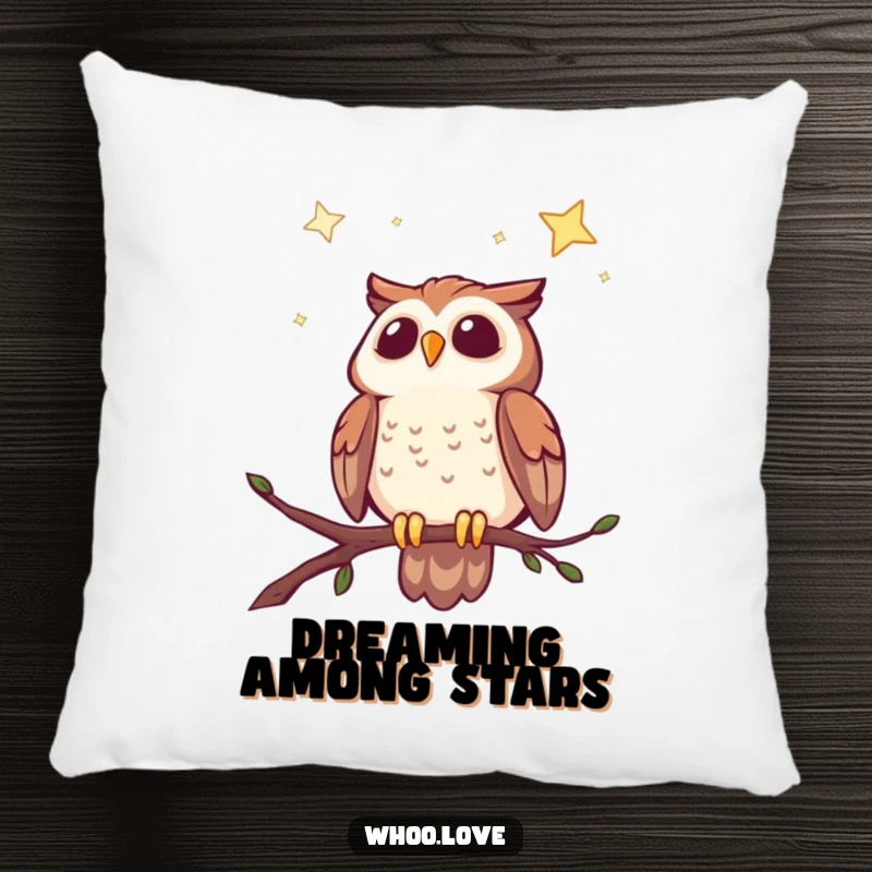 Funny throw pillow featuring a cheerful owl gazing at a starry night sky, providing comfort and whimsical decor.