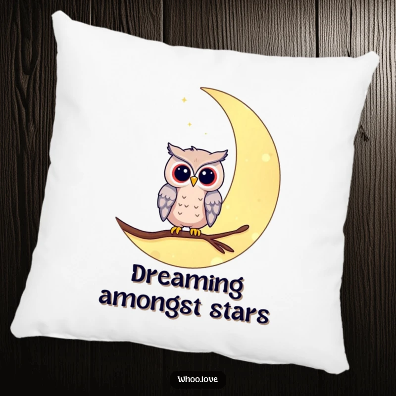 Funny owl on moon pillow showing an owl resting on a crescent moon. A soft and humorous addition to any room.