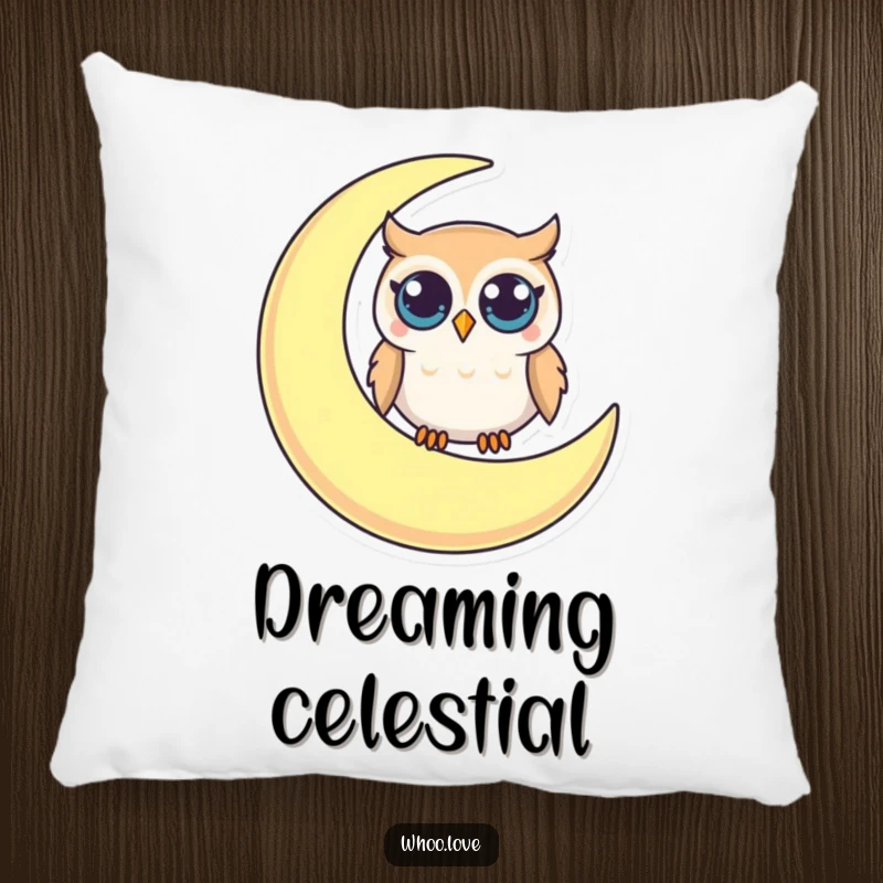 Funny pillow featuring a small owl with large, curious eyes perched on a crescent moon, adding soft, humorous comfort.