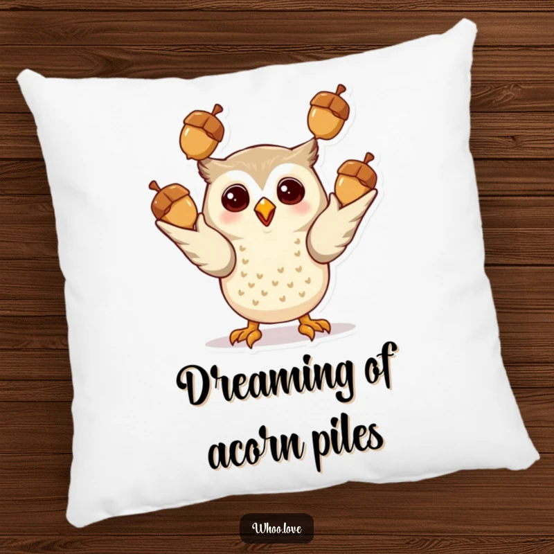 Funny Giddy Owl Pillow: A soft pillow depicting a happy owl juggling acorns, adding a touch of whimsy and comfort to any space.