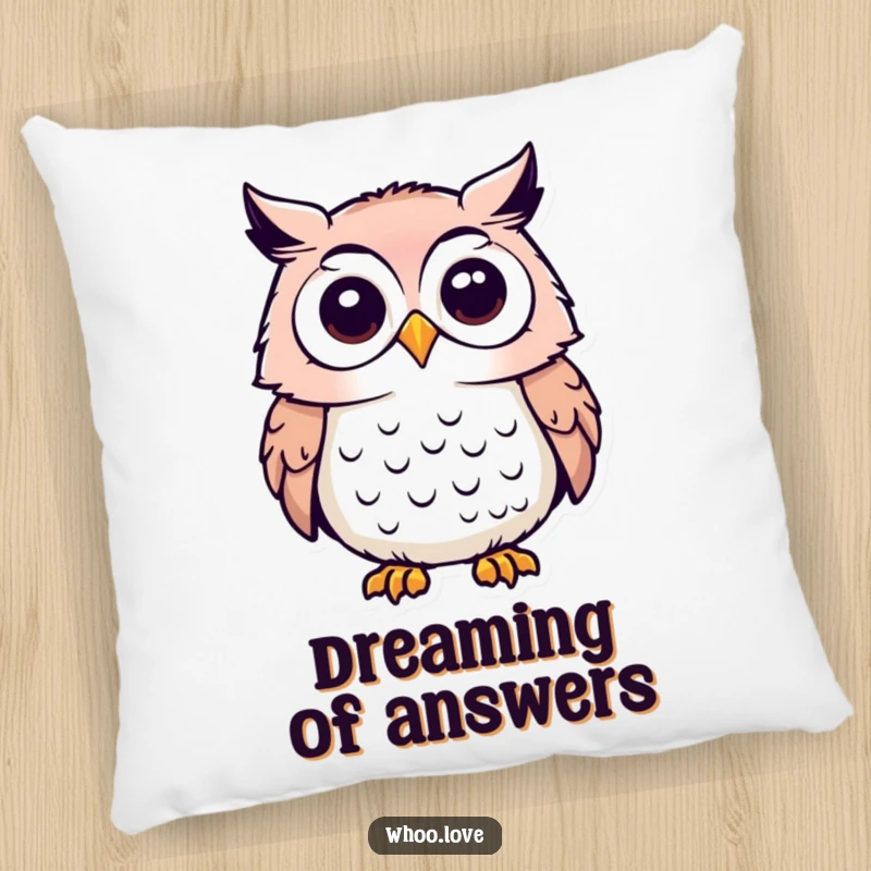 Funny pillow featuring a soft texture and an owl character with its head tilted in a pose of deep curiosity.