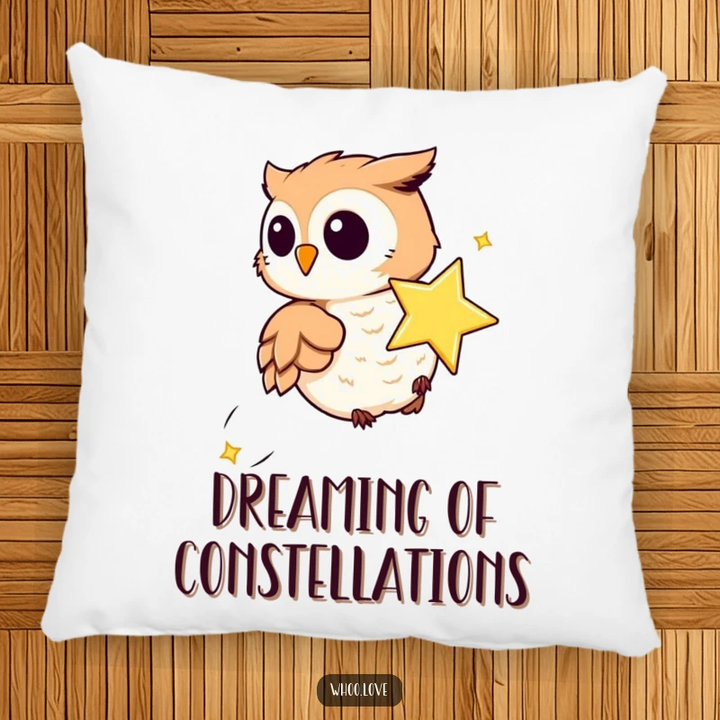 Funny pillow depicting a playful owl chasing a sparkling star, ideal for adding whimsical comfort and a touch of magic to any seating area.