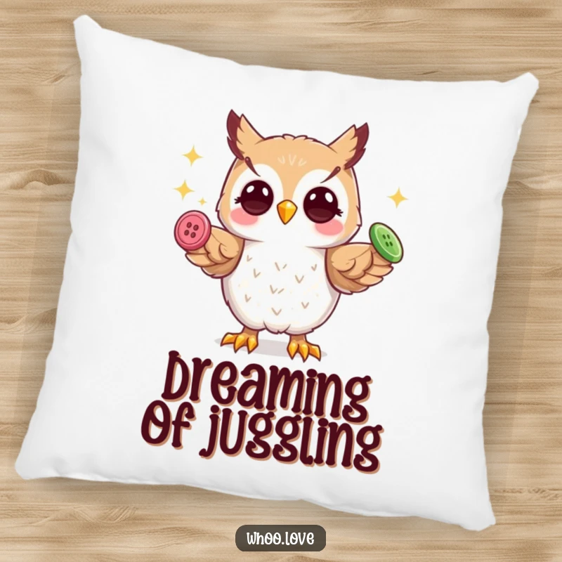 Funny playful owl pillow, cozy and soft, featuring an owl skillfully juggling three shiny buttons with its talons.