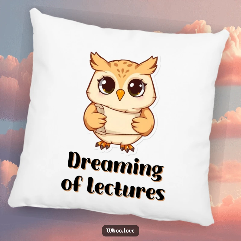 Funny pillow featuring a studious owl character holding a scroll, perfect for adding a wise and comfortable touch to any area.
