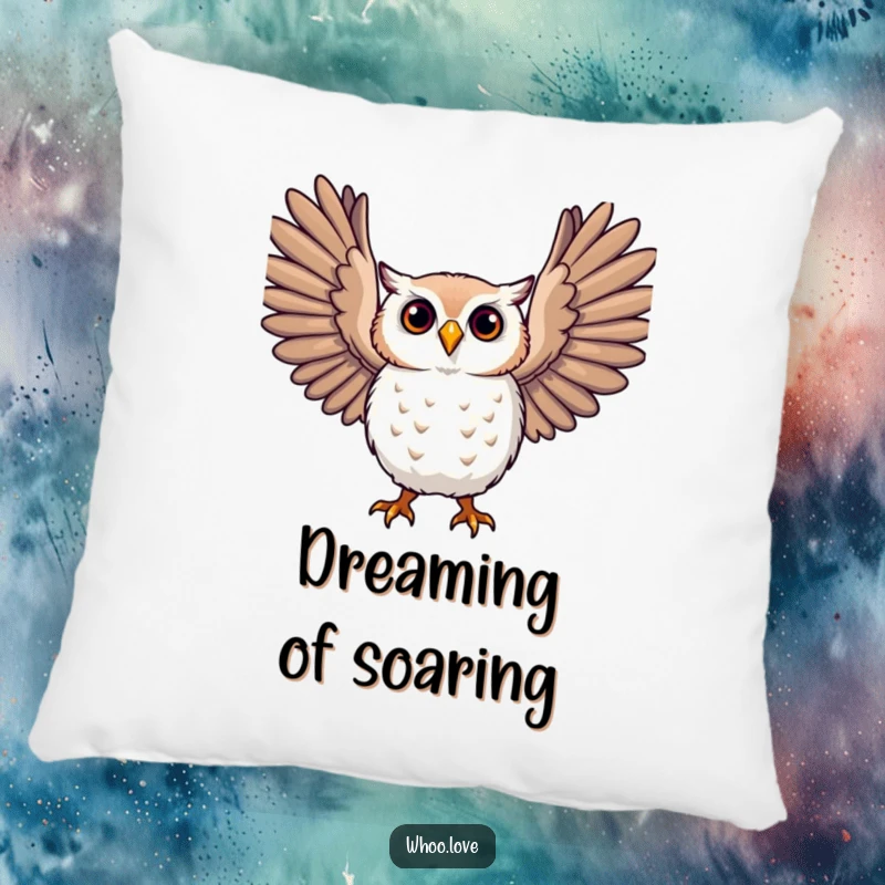 Funny owl pillow, a character with large, expressive wings outstretched, soft and decorative for a joyful ambiance.