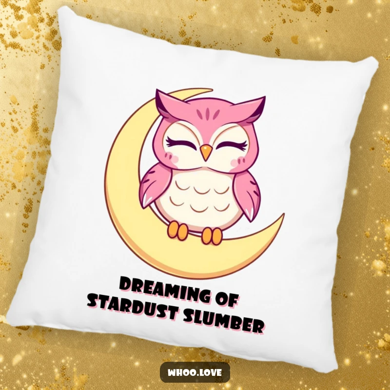 Funny owl pillow, a winking character on a crescent moon, soft and decorative accent for humorous comfort.