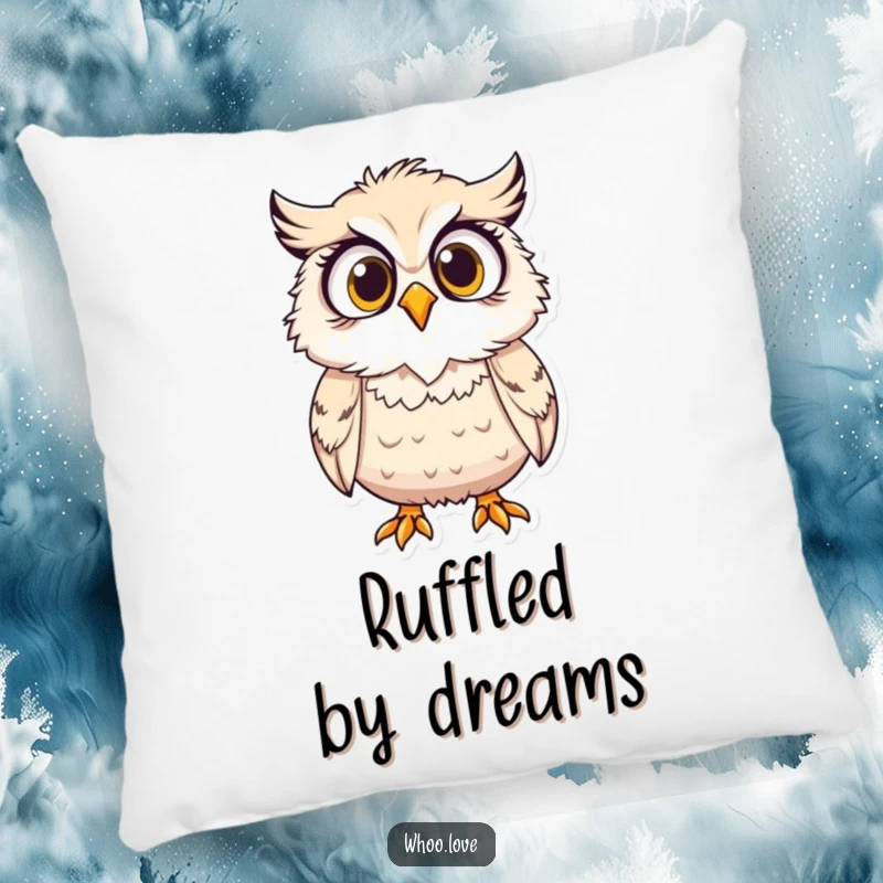 Funny pillow, a surprised owl character with its feathers ruffled by the wind, offering comfort.