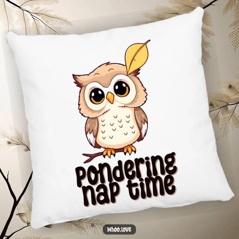 Funny decorative pillow featuring a curious owl tilting its head while observing a falling leaf, perfect for cozy contemplation, a funny gift.