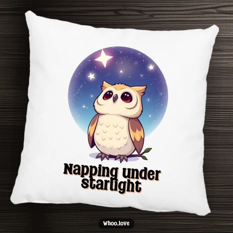 Funny Dreamy Owl Pillow: A plush pillow depicting an owl gazing peacefully at a vast, star-filled night sky, perfect for cozy retreats.