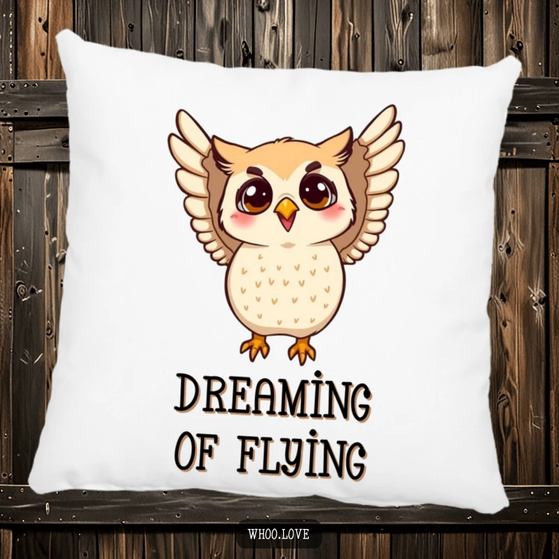 Funny enthusiastic owl pillow showing an owl happily flapping its wings. A soft and humorous addition to any living space.