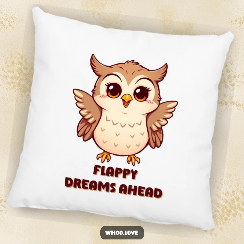 Funny pillow with a little owl enthusiastically flapping tiny wings, looking surprised and happy, offering comfort and joy.
