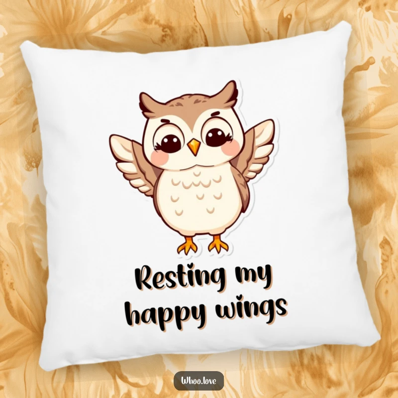 Funny Happy Owl Pillow: A plush pillow featuring a jubilant owl character performing a cheerful wing shimmy, adding comfort and humor.