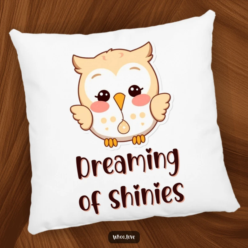 Funny decorative pillow featuring a happy owl with a playful glint, dropping a small, shiny object with joy.