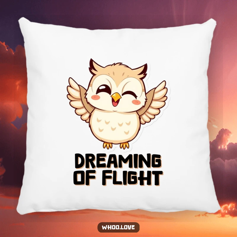 Funny pillow with a kawaii owl giggling and joyfully flapping its wings, perfect for bringing cheer to any room.