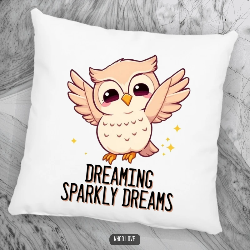 Funny joyful owl pillow, featuring an owl joyfully fluttering its wings and leaving a sparkly trail, offering soft comfort and magical charm.