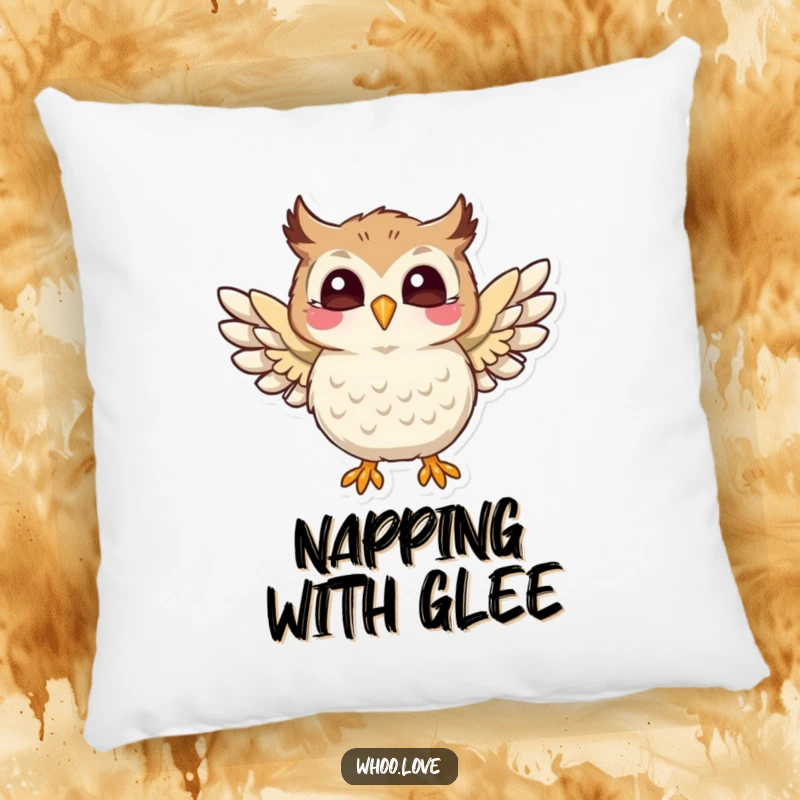 Funny decorative pillow featuring a playful owl character flapping its wings with pure joy, radiating happiness, a funny gift.
