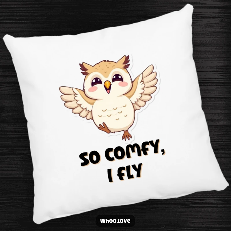 Funny joyful owl pillow depicting an owl flapping its wings in happiness, offering cozy comfort and a cheerful, humorous design.