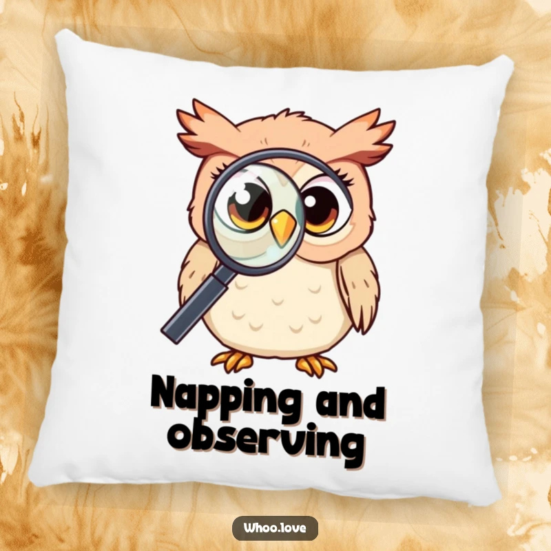 Funny Kawaii owl with wide, curious eyes, peering through magnifying glass, soft and plush, thoughtful and cute, excellent funny gift.