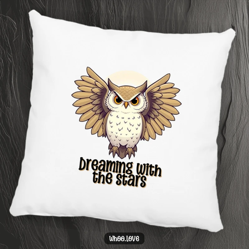 Funny majestic owl with wings spread against a starry night sky, mystical pillow, soft and humorous gift.