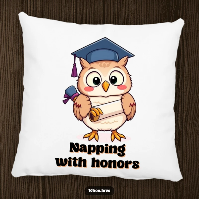 A cute and funny owl character clutching a graduation scroll, designed on a soft, decorative pillow.