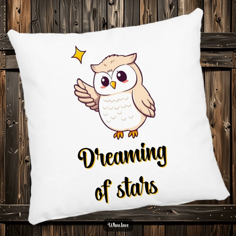 Funny owl pillow depicting an owl extending a wing to point at a magical, twinkling star, offering comfort and whimsy.