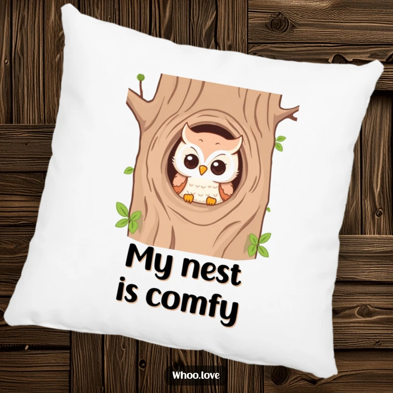 Funny pillow showcasing a playful owl peeking from a tree hole, perfect for comfort and whimsy.