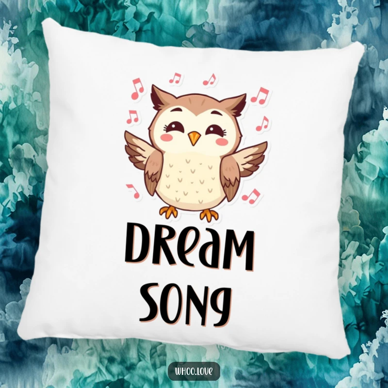 Funny pillow with a cheerful owl character hooting joyfully, surrounded by musical notes, perfect for comfort.