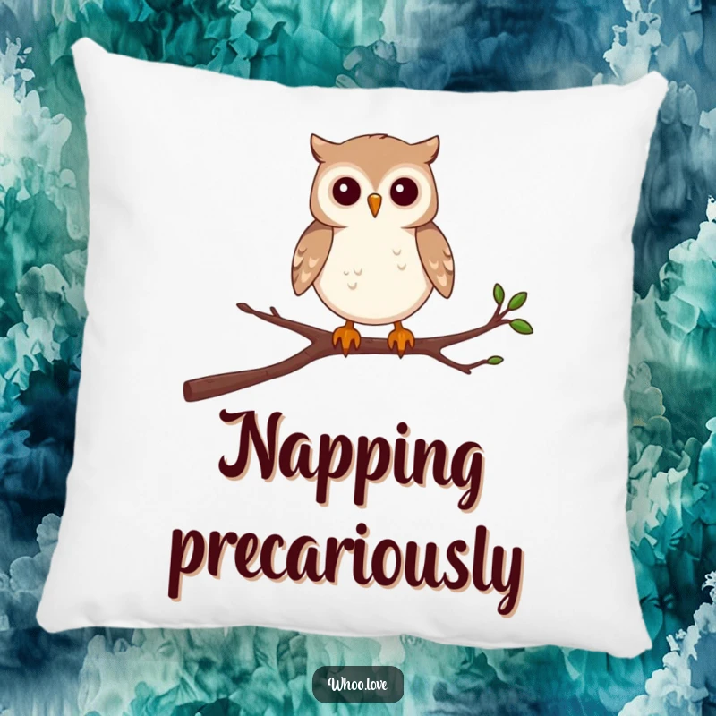Funny pillow with a determined small owl character balancing with effort on a single, wobbly branch.