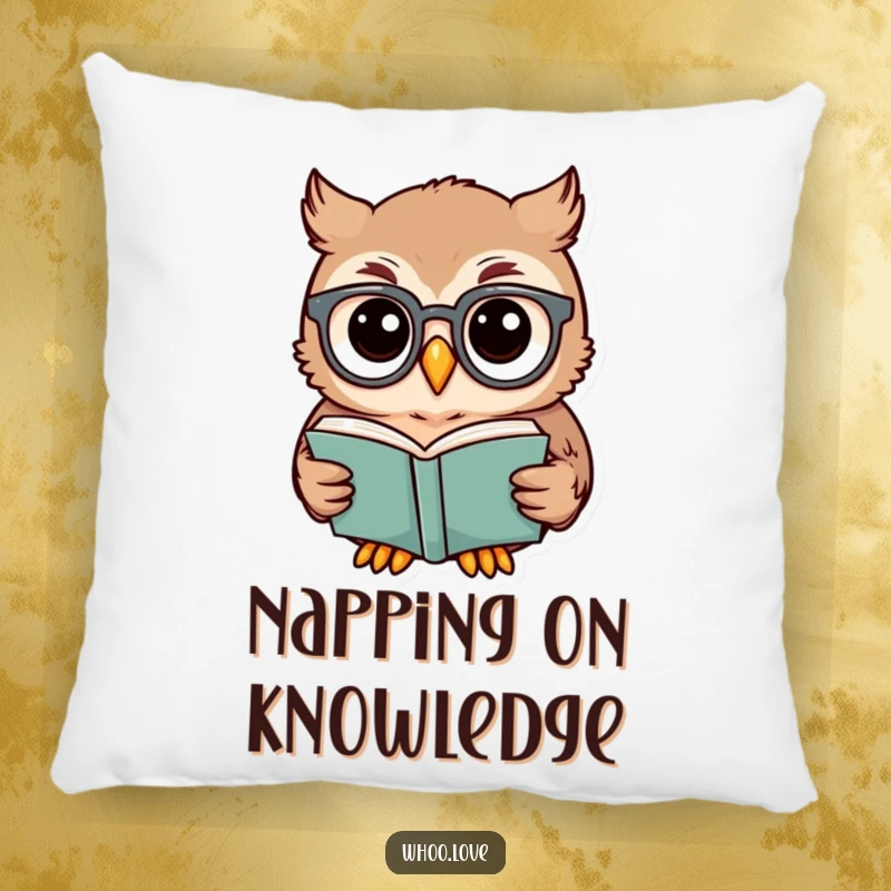 Funny owl pillow featuring a spectacled owl absorbed in reading a book, offering comfort with a humorous twist.