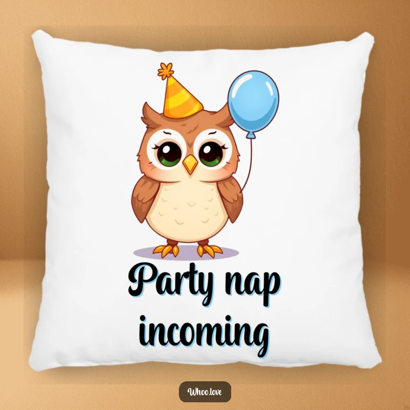 Funny party owl pillow, featuring an owl in a crooked party hat holding a balloon, offering soft comfort and a humorous, festive accent.