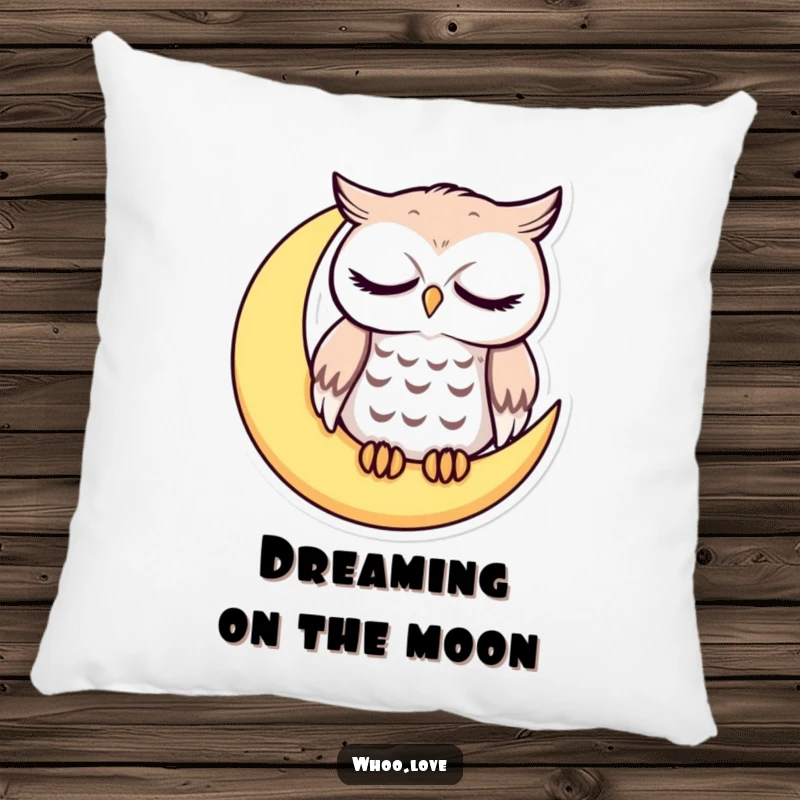 Funny sleepy owl with droopy eyes on a crescent moon, cute nocturnal pillow, soft and humorous gift for cozy spaces.