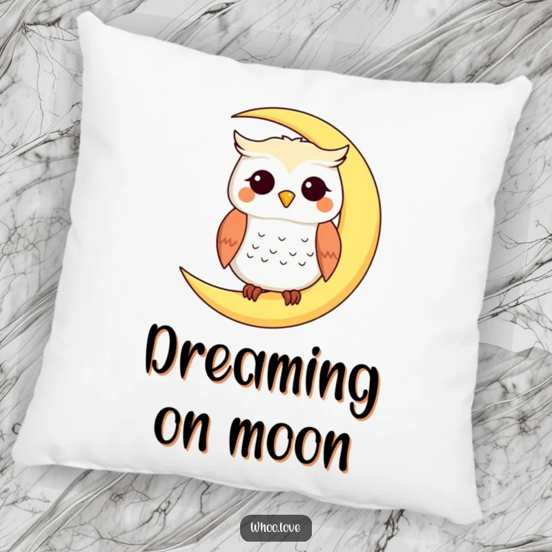 Funny decorative pillow featuring a smiling owl character resting on a crescent moon, offering comfort and humor, a funny gift.