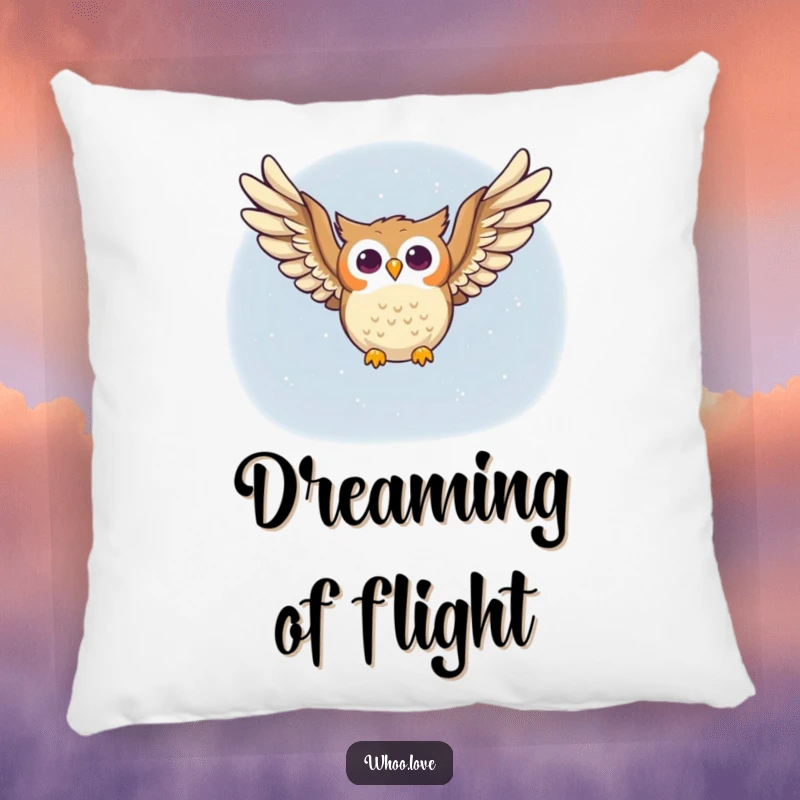 Funny owl pillow featuring a happy owl character soaring gracefully through the night sky, wings spread wide, bringing comfort and smiles.