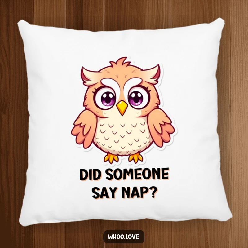 Funny surprised owl pillow designed with wide, astonished eyes and puffed feathers, offering humorous comfort and a touch of comedic shock.