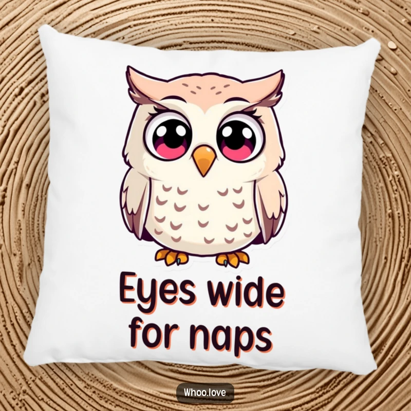 Funny surprised owl character pillow, depicted with comically wide, shocked eyes, offering soft comfort and humorous decor.