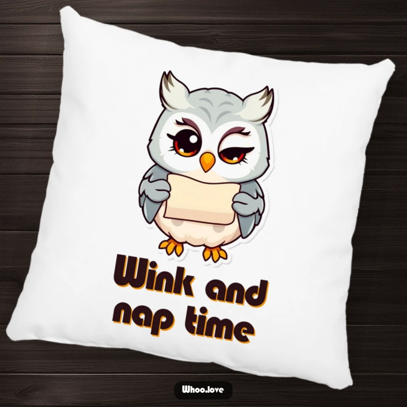 Funny owl with a wink holding a tiny scroll, mischievous pillow, soft and humorous gift.