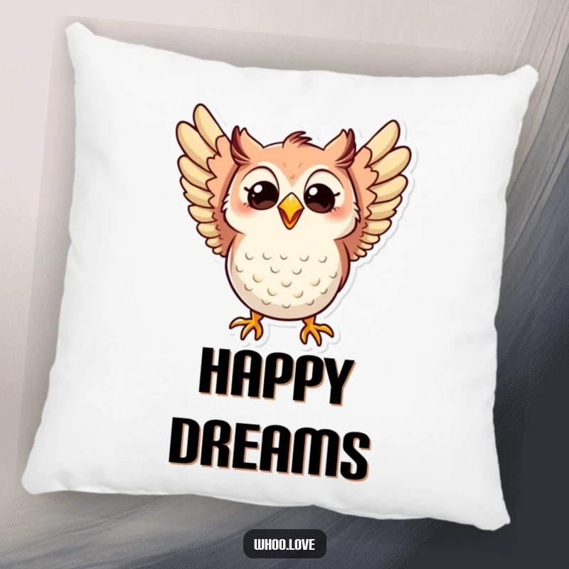 Funny pillow featuring an owl flapping its wings with pure excitement and a wide, radiant, happy grin.