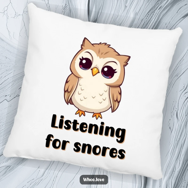 Funny curious owl pillow, cozy and soft, featuring an owl tilting its head to listen intently, promoting calm.