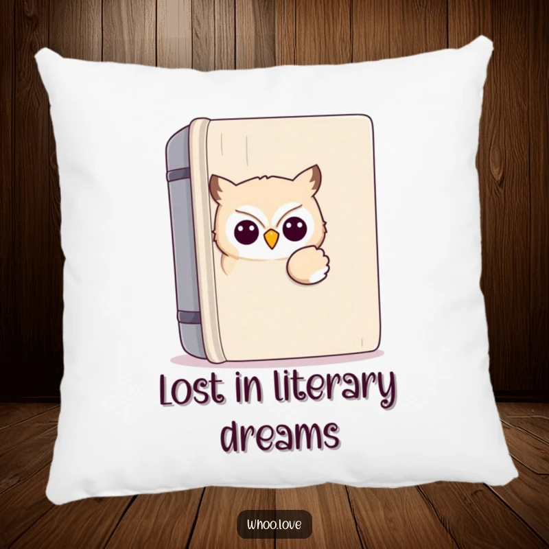 Funny kawaii owl pillow featuring a cute owl peeking from a large book, offering cozy comfort and humorous literary-themed decor for a playful space.
