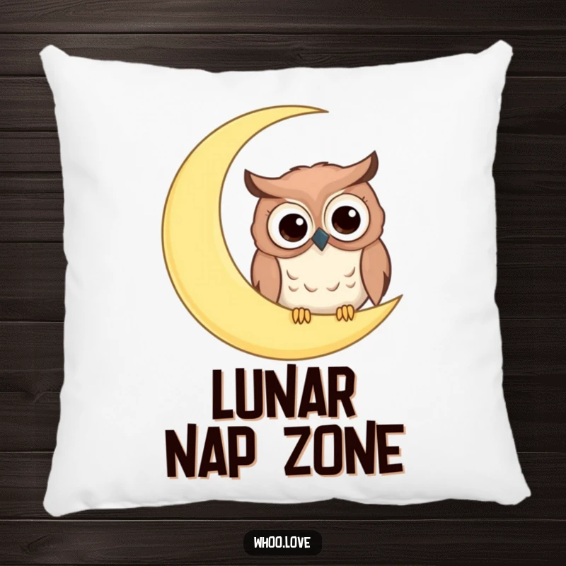 Funny pillow with a comical owl, big googly eyes, peeking from behind a giant crescent moon, offering comfort and laughs.