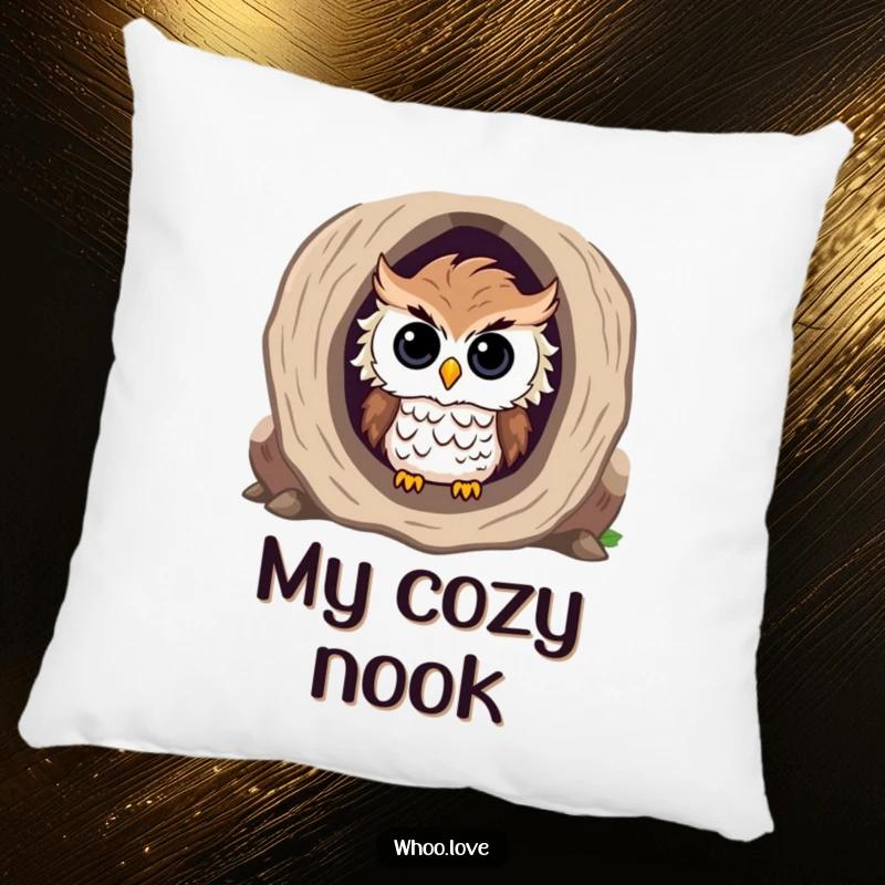 Funny decorative pillow featuring a curious owl with ruffled feathers peeking out from a hollow log.