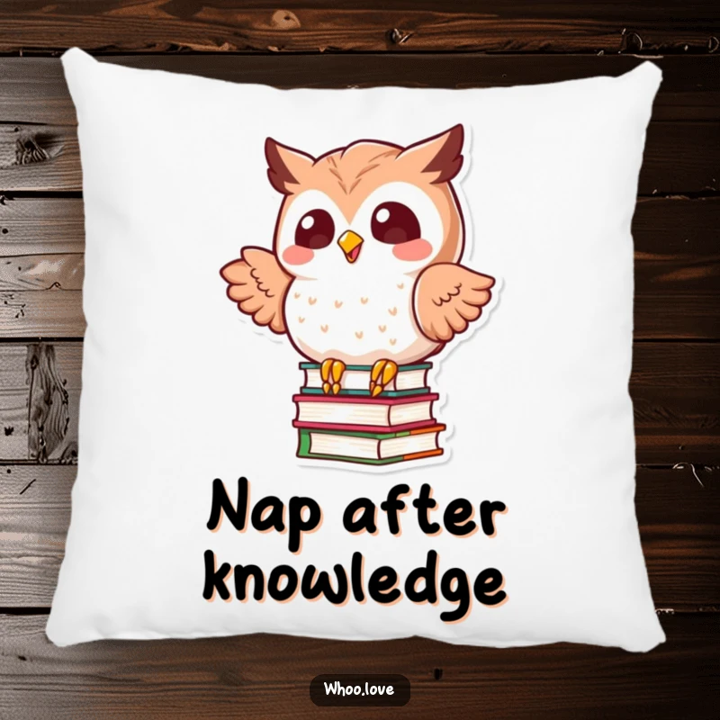 Funny kawaii owl in a dynamic pose, precariously balancing a stack of books, designed on a soft and plush decorative pillow.