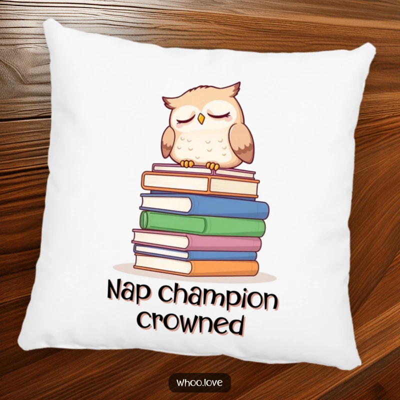 Funny sleepy owl pillow, featuring an owl dozing on a stack of books, offering soft comfort and a humorous, literary accent.