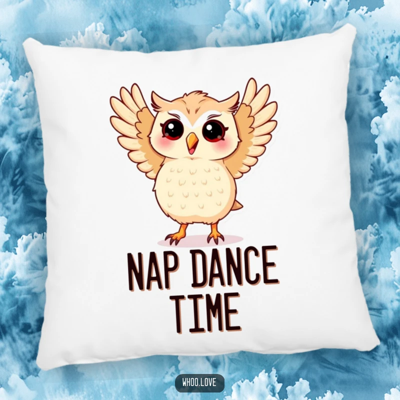 Funny pillow with a kawaii owl performing a silly dance, wings spread wide, perfect for adding a touch of fun.