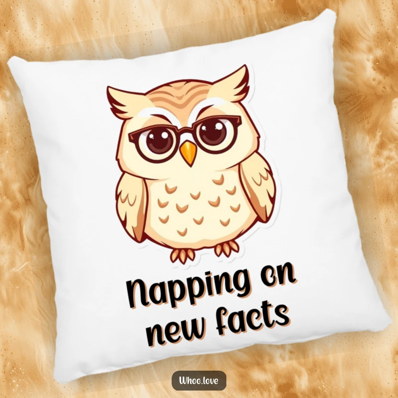 Funny owl pillow, a curious character with tiny spectacles, soft and decorative for a cozy, intellectual vibe.