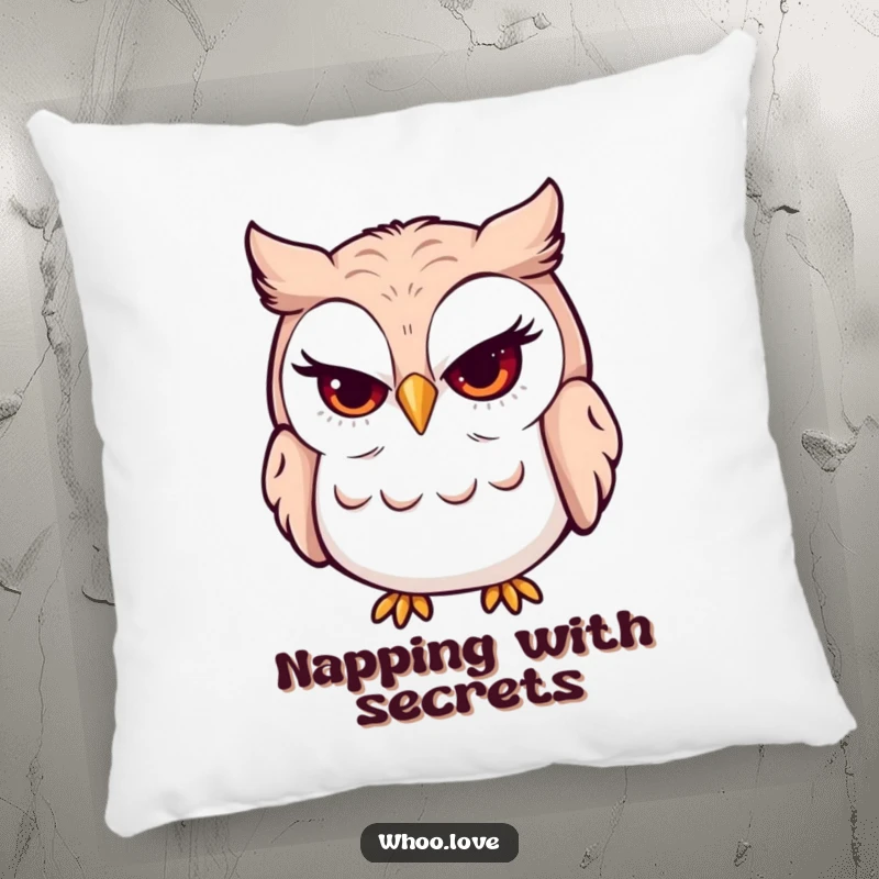 Funny mischievous grin owl pillow showing a winking owl with a sly smile. A soft and humorous addition to any living space.