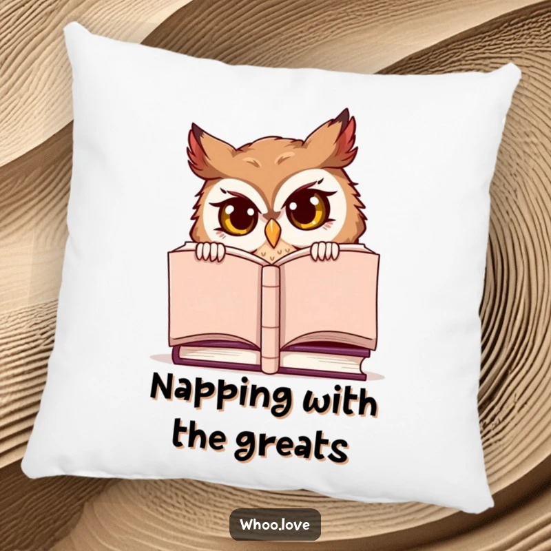Funny pillow, a mischievous owl character peeking from behind a large book, offering comfort.