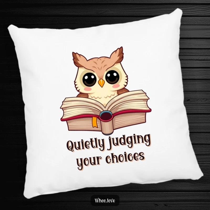 Funny pillow with an owl peeking from a large book, offering comfort and a touch of literary humor.