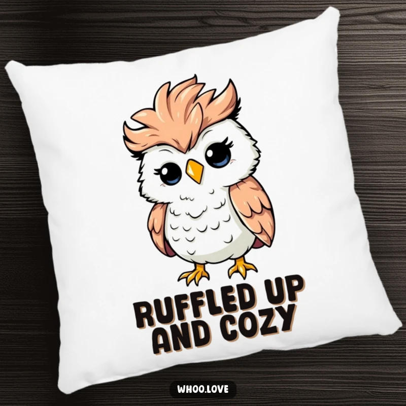 Funny silly owl with ruffled feathers caught in a strong wind gust, cute chaotic pillow, soft and humorous gift.